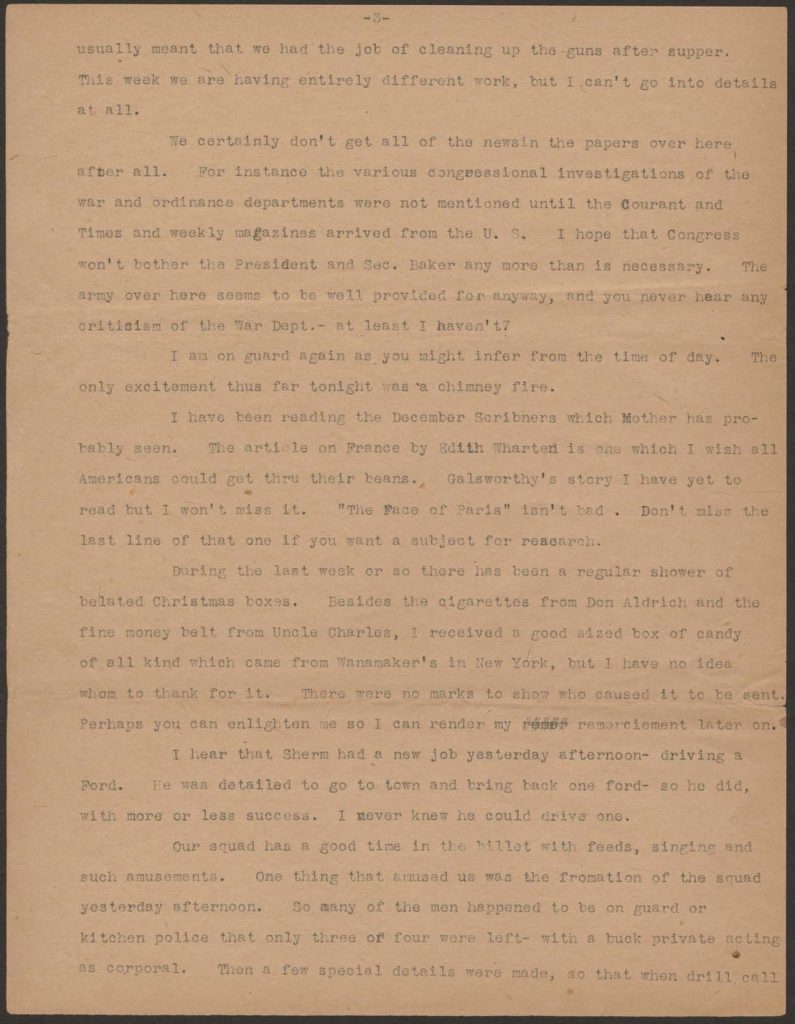 a typwritten letter from chandler green to his mother and father dated february 6, 1918