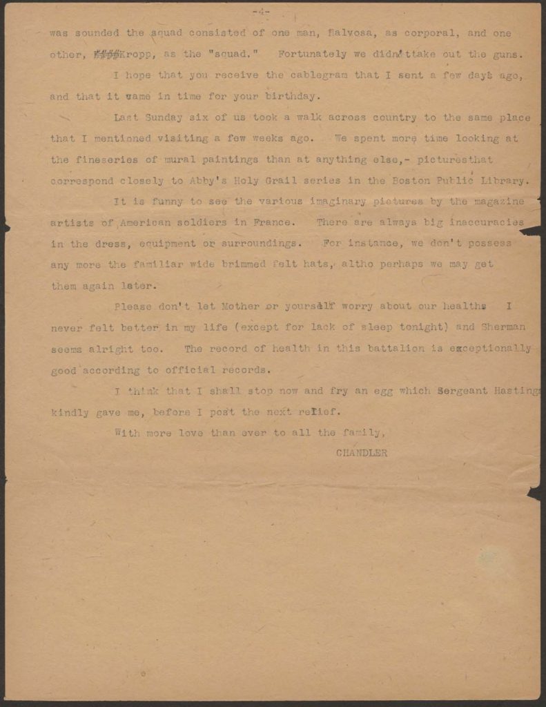 a typwritten letter from chandler green to his mother dated march 16, 1918