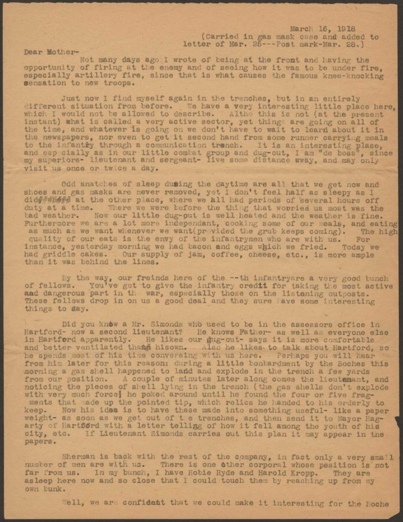 a typwritten letter from chandler green to his mother dated march 16, 1918