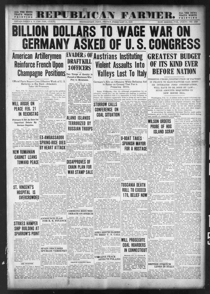 A newspaper clipping of the republican farmer with a headling reading billion dollards to wage war on germany asked of U.S. congress