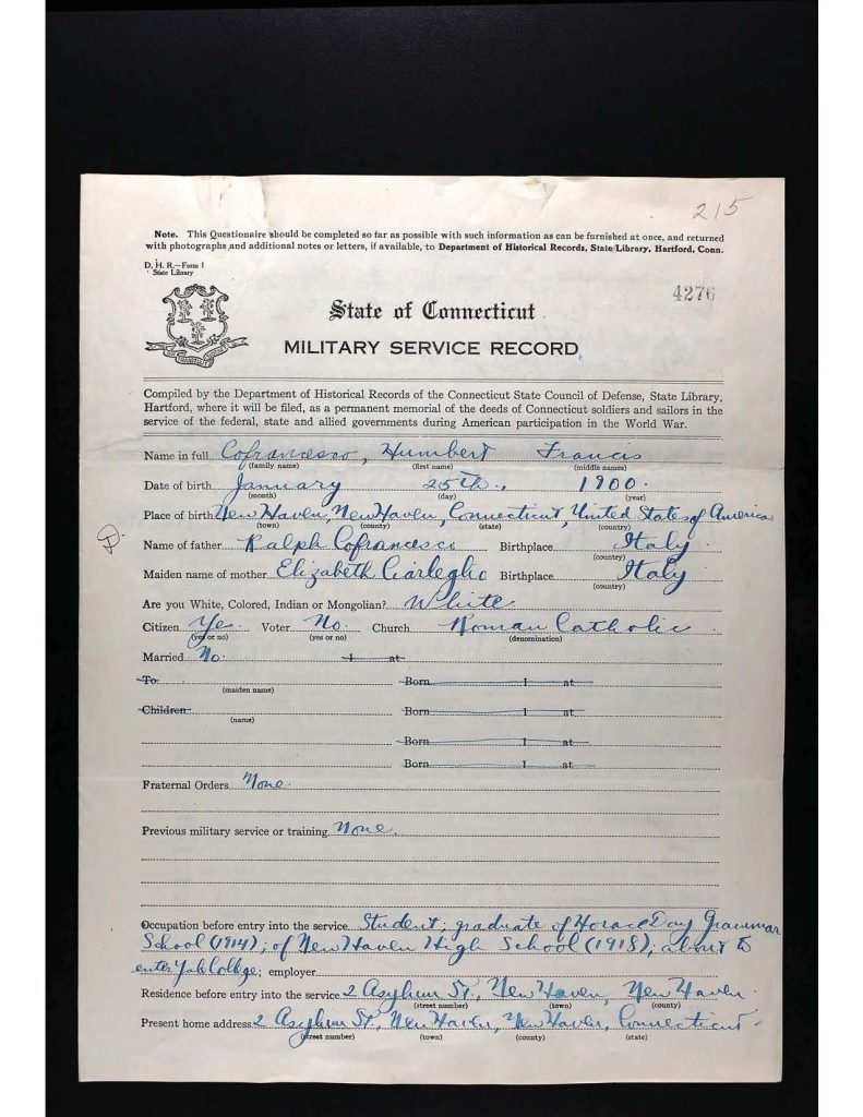 an official state of connecticut military service record for humbert francis cofrancesco