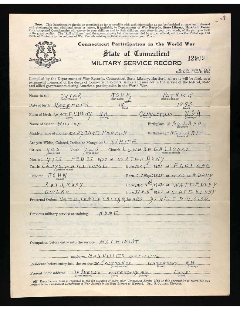 an official state of connecticut military service record for john patrick dwyer