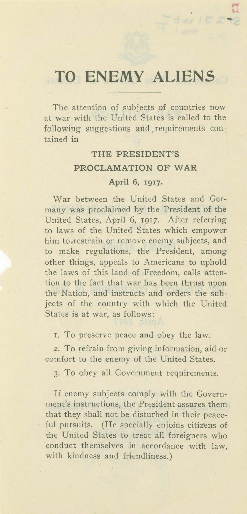 the president's proclamation of war on april 6 1917 - a meesage to enemy aliens residing i nthe us