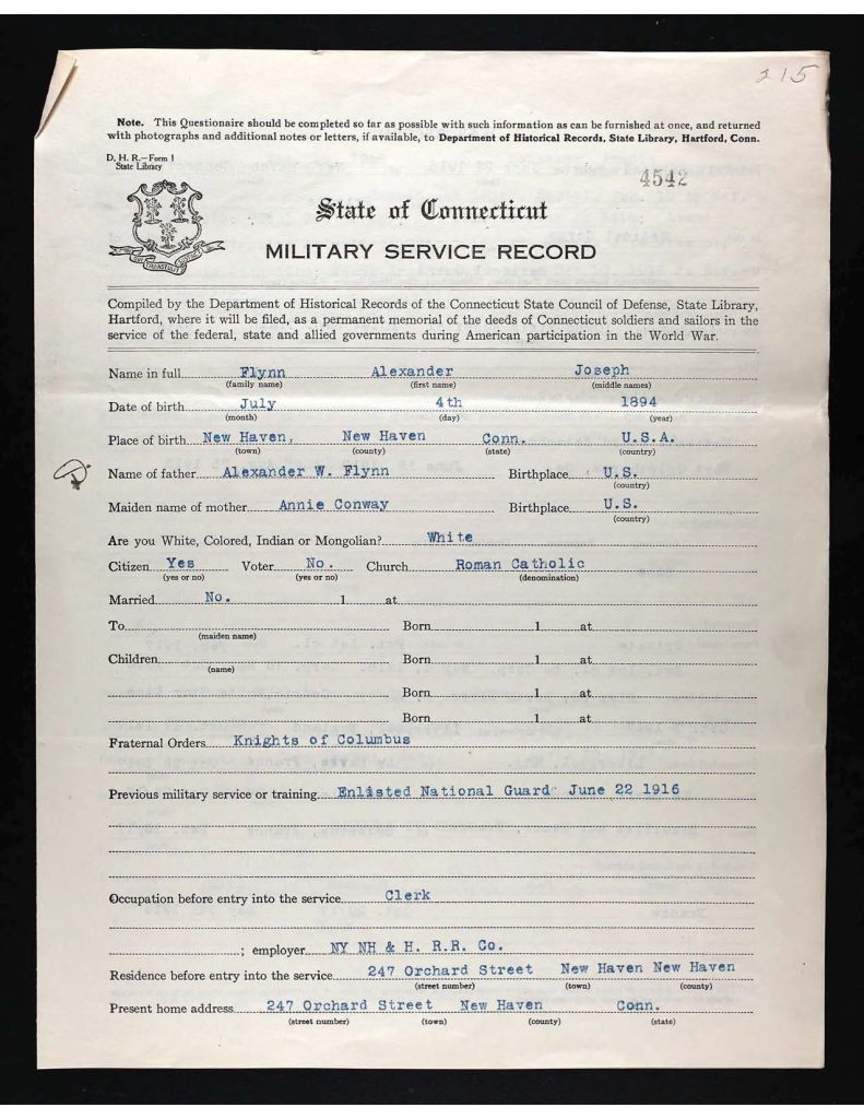 an official state of connecticut military service record for alexander joseph flynn