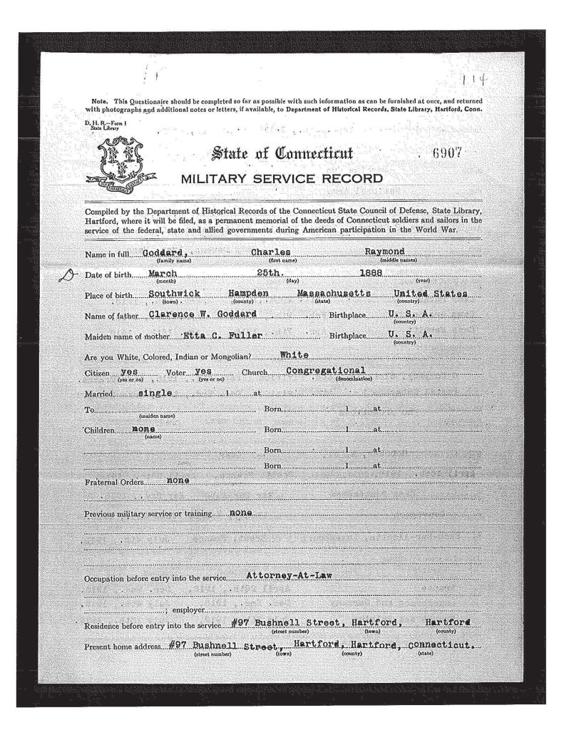 an official state of connecticut military service record for charles raymone goddard