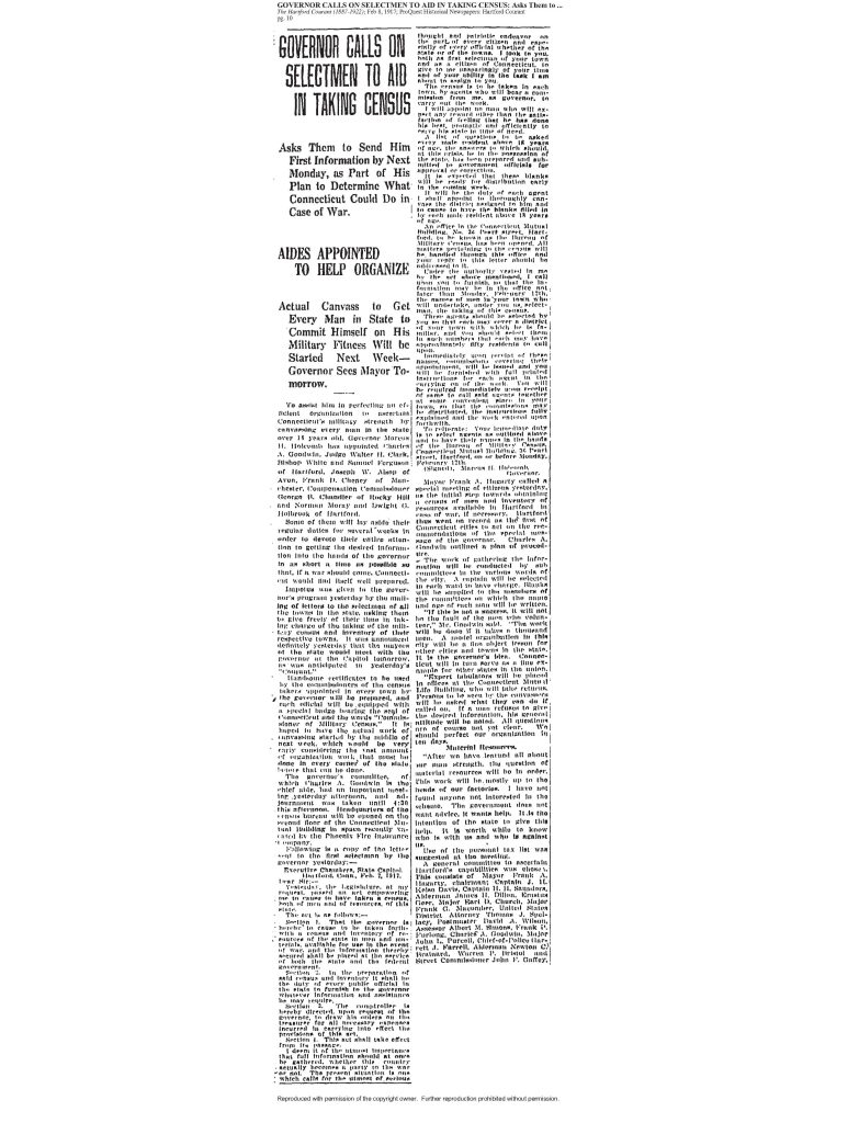 newspaper clipping abou the governor callin gon selectmen to help take the census