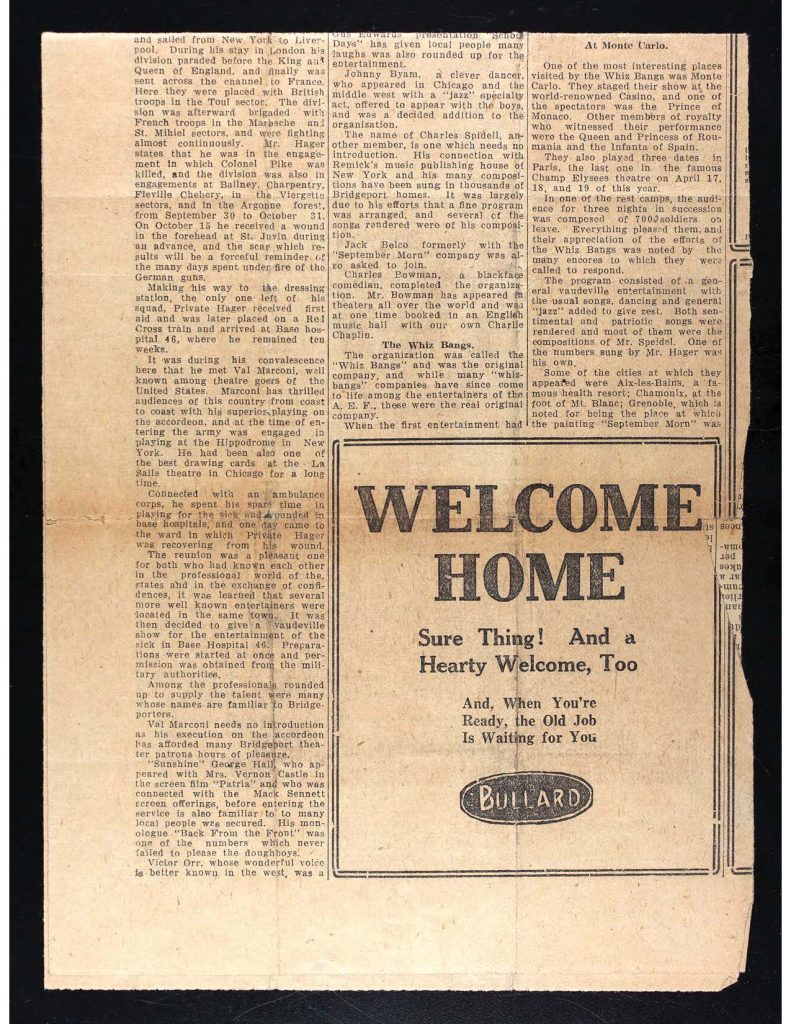 a newspaper clipping about the entertainment group the whiz bangs