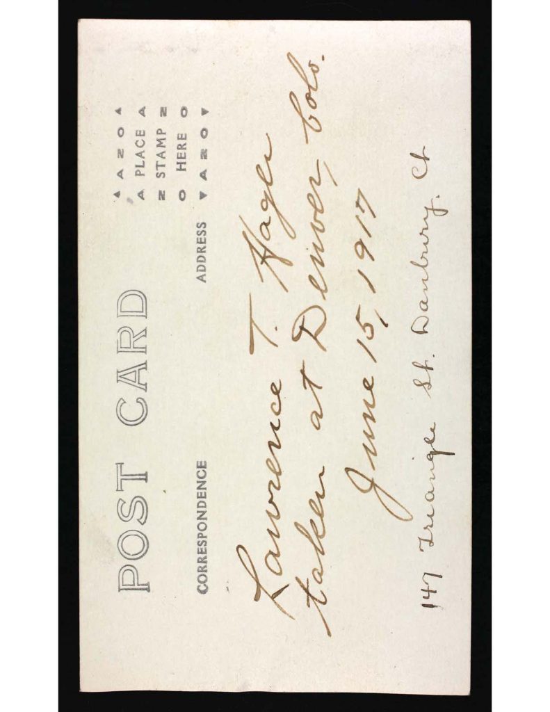 the back of a headshot photo of lawrence thomas hager with inscription saying the photos was taken in denver, colorado on june 15, 1917