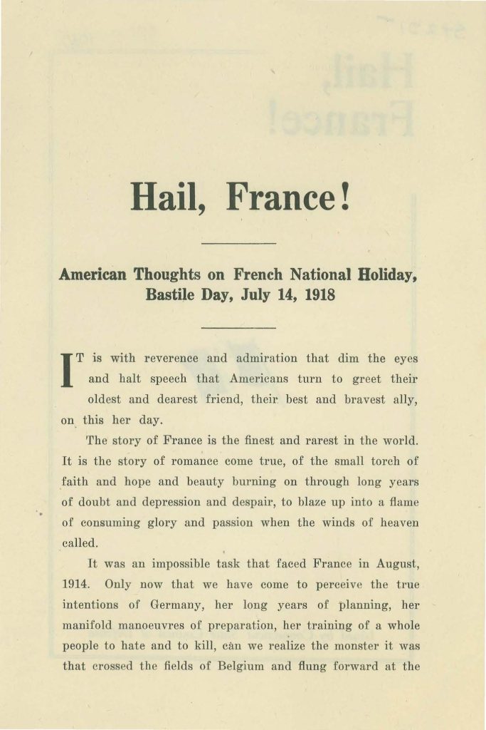 article titled "hail france" - american thoughts on french national holiday bastile day july 14 1918