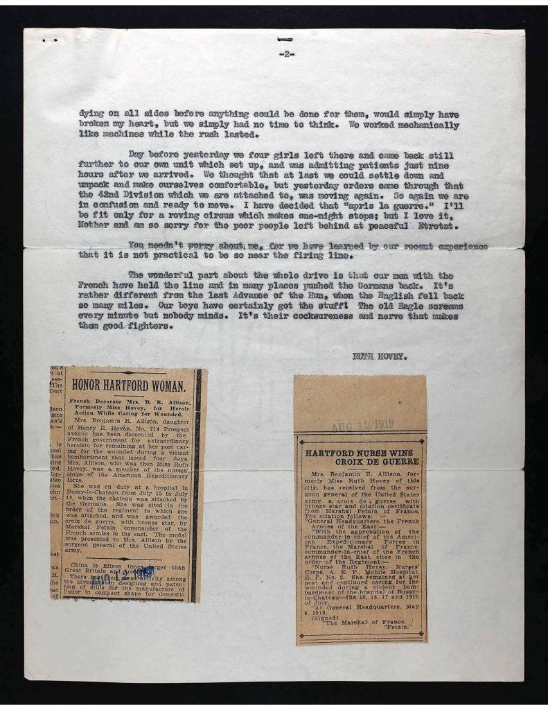 a typewritten letter from ruth hovey to her mother dated july 18 1918 wiht two news paper clippings