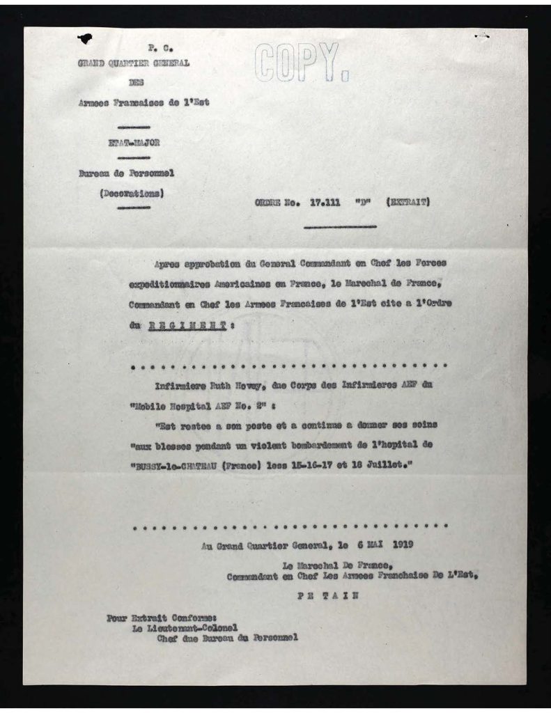 a typewritten letter date july 30, 1919 to ruth hovey from lt. colonel jones informing her that she would be receiving a bronze star