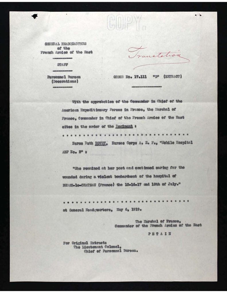 a typewritten letter date july 30, 1919 to ruth hovey from lt. colonel jones informing her that she would be receiving a bronze star