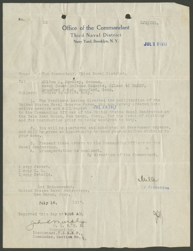 a letter fro nthe office of the commadant of the third naval district to milton bradley