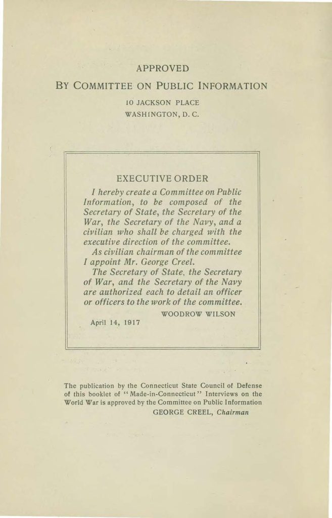 a booklet called "made in connecticut" which contains interviews on the world war issued by the connecticut state council of defense