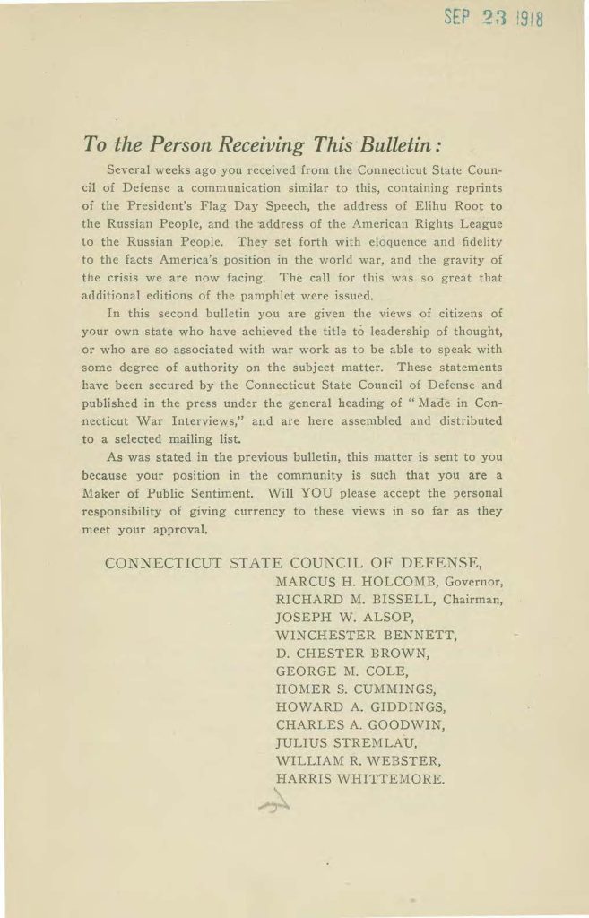 a booklet called "made in connecticut" which contains interviews on the world war issued by the connecticut state council of defense