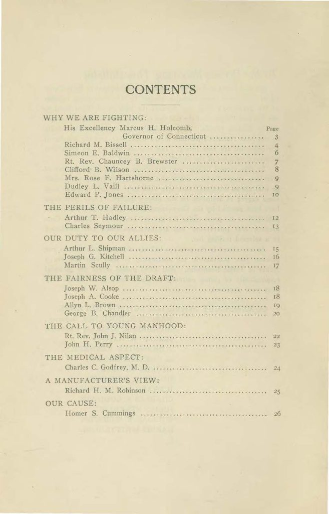 table of contenst in a booklet called "made in connecticut" which contains interviews on the world war issued by the connecticut state council of defense