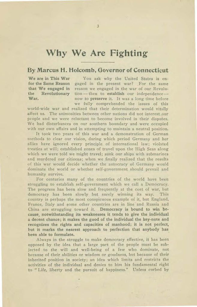 a booklet called "made in connecticut" which contains interviews on the world war issued by the connecticut state council of defense