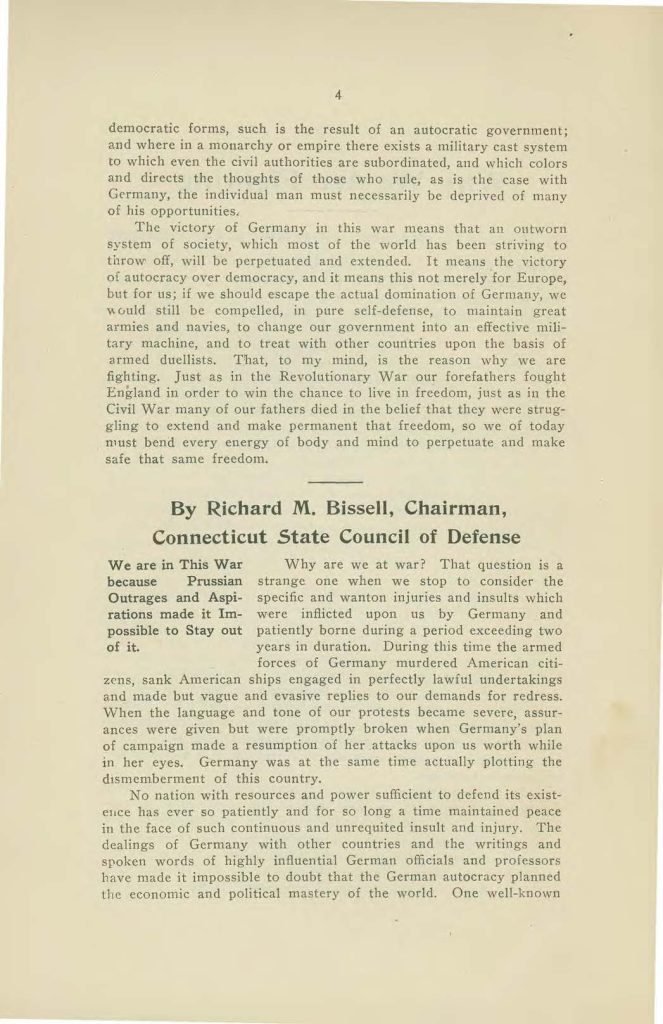 a booklet called "made in connecticut" which contains interviews on the world war issued by the connecticut state council of defense