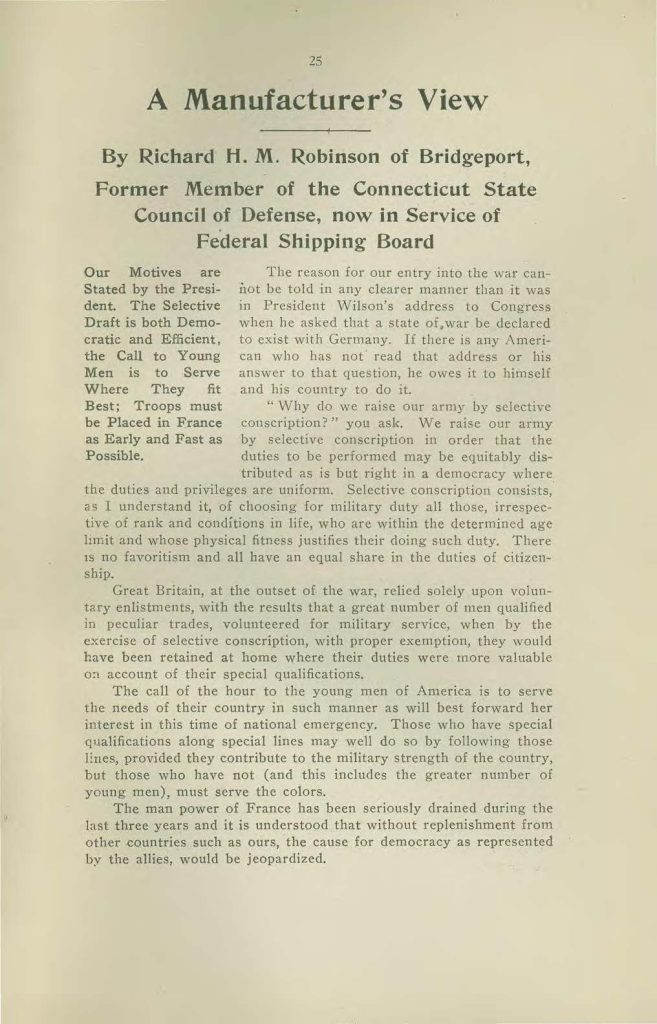 a booklet called "made in connecticut" which contains interviews on the world war issued by the connecticut state council of defense