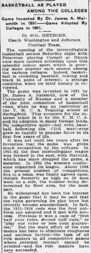a newspaper clipping about the invention of basketball