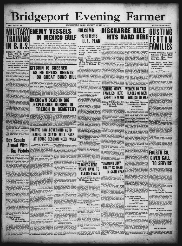 A newspaper clipping of the front page of the bridgeport evening farmer dated april 15 1917