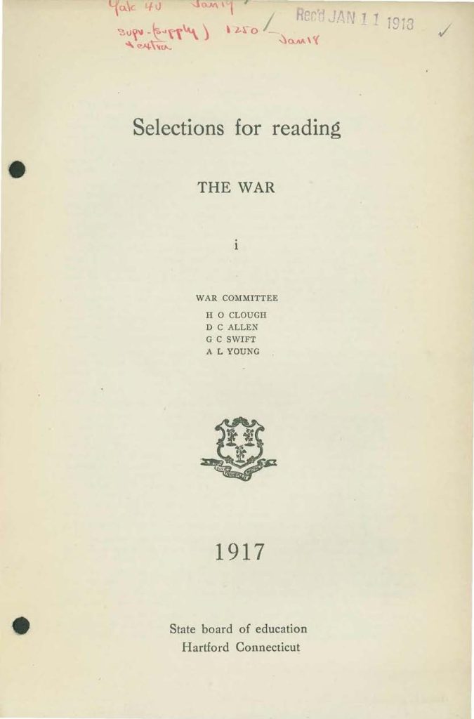 a booklet with selections for reading about the war issued in 1917 by the state board of education