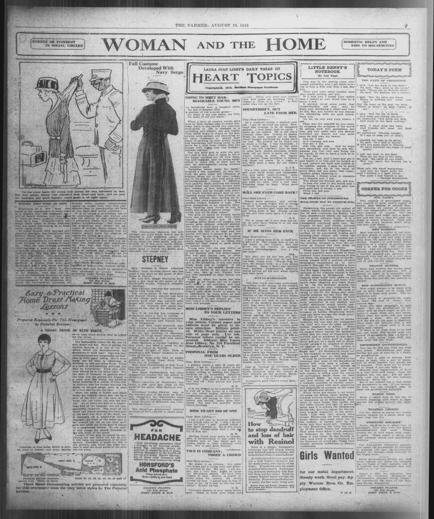 a photo the farmer newspaper dated august 19 1913 with a headline "woman and the Home"