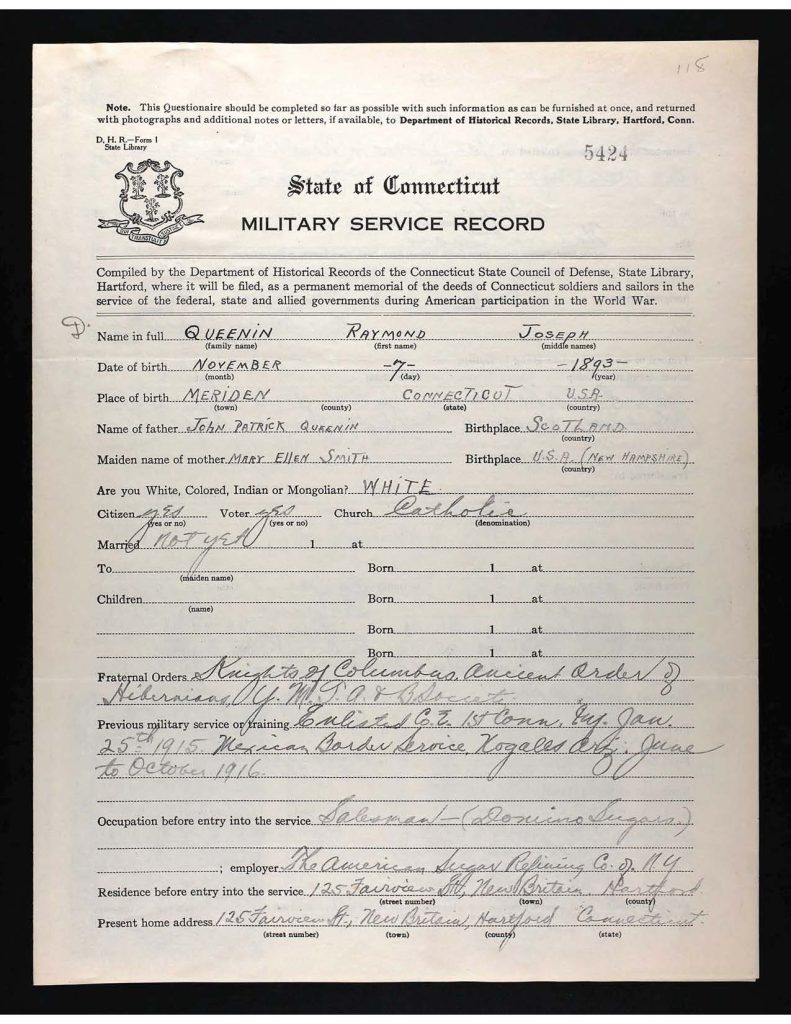 an official state of connecticut military service record for raymond joseph queenin