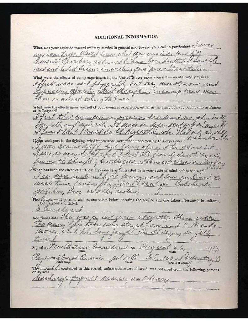 an official state of connecticut military service record for raymond joseph queenin