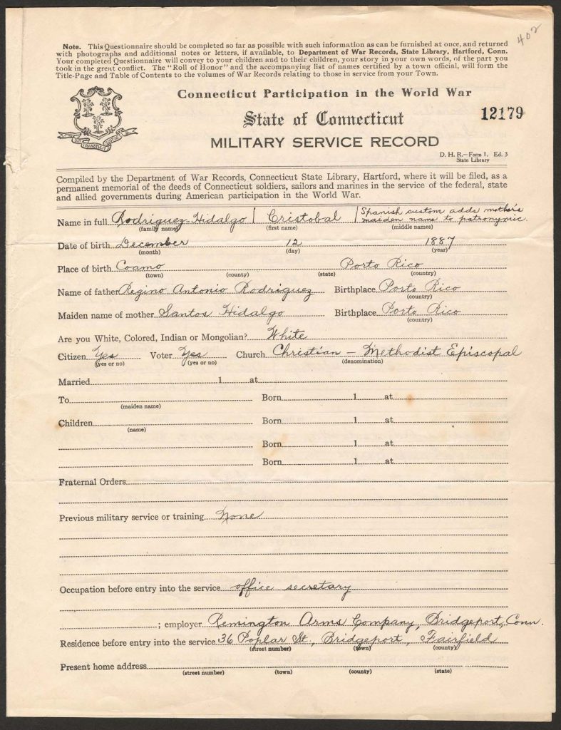 official state of connecticut military service record for cristobal rodriquez hildalgo