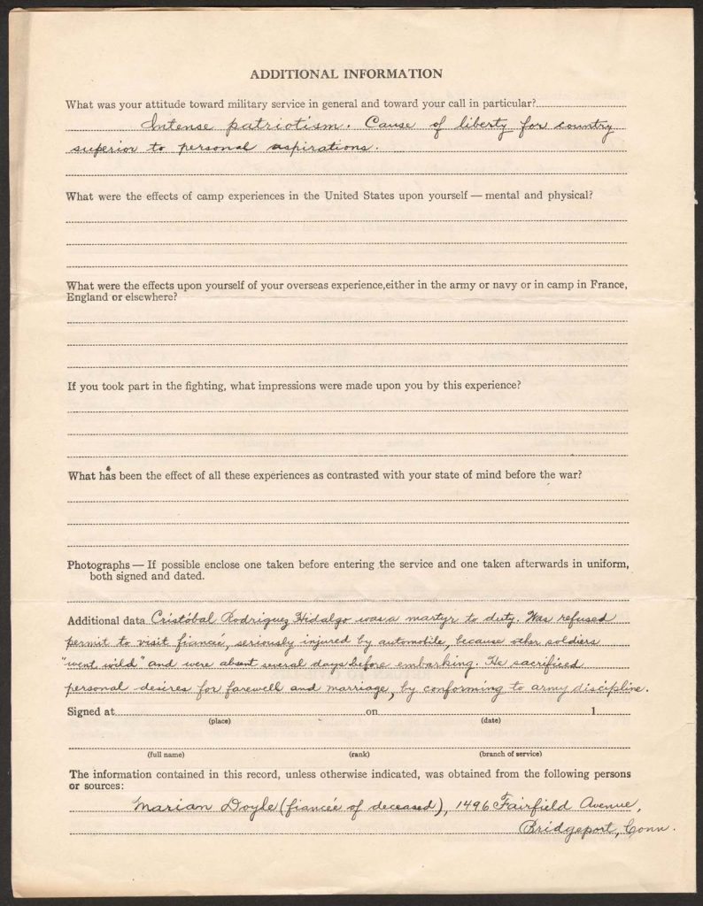 official state of connecticut military service record for cristobal rodriquez hildalgo