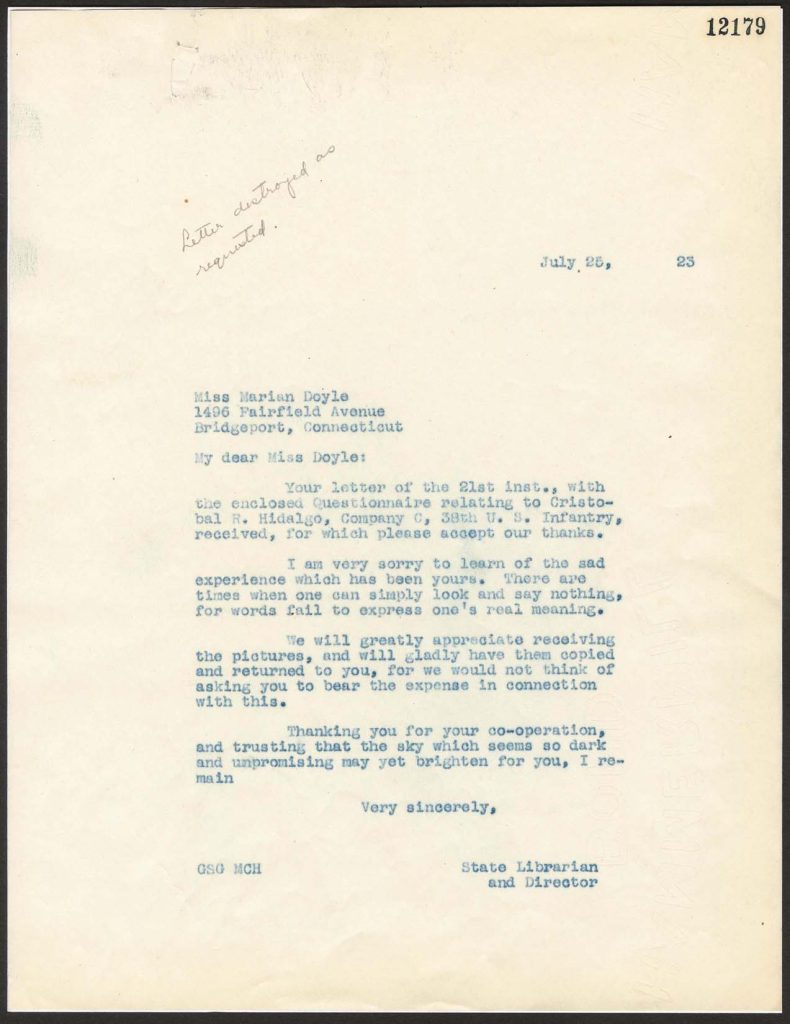 a typewritten letter from the state librarian to marian doyle dated july 25, 2023