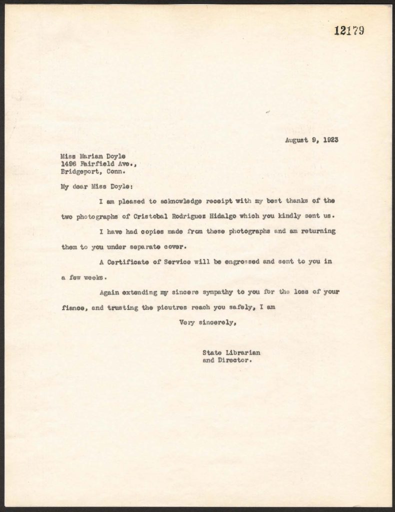 a typewritten letter from the state librarian to marian doyle dated august 8, 2023