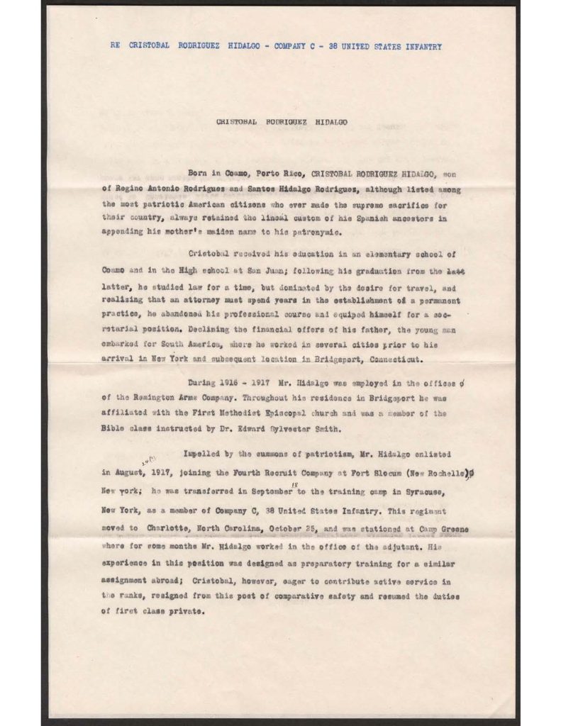 a tyepwritten document of cristobal rodriques hidalgo's biography