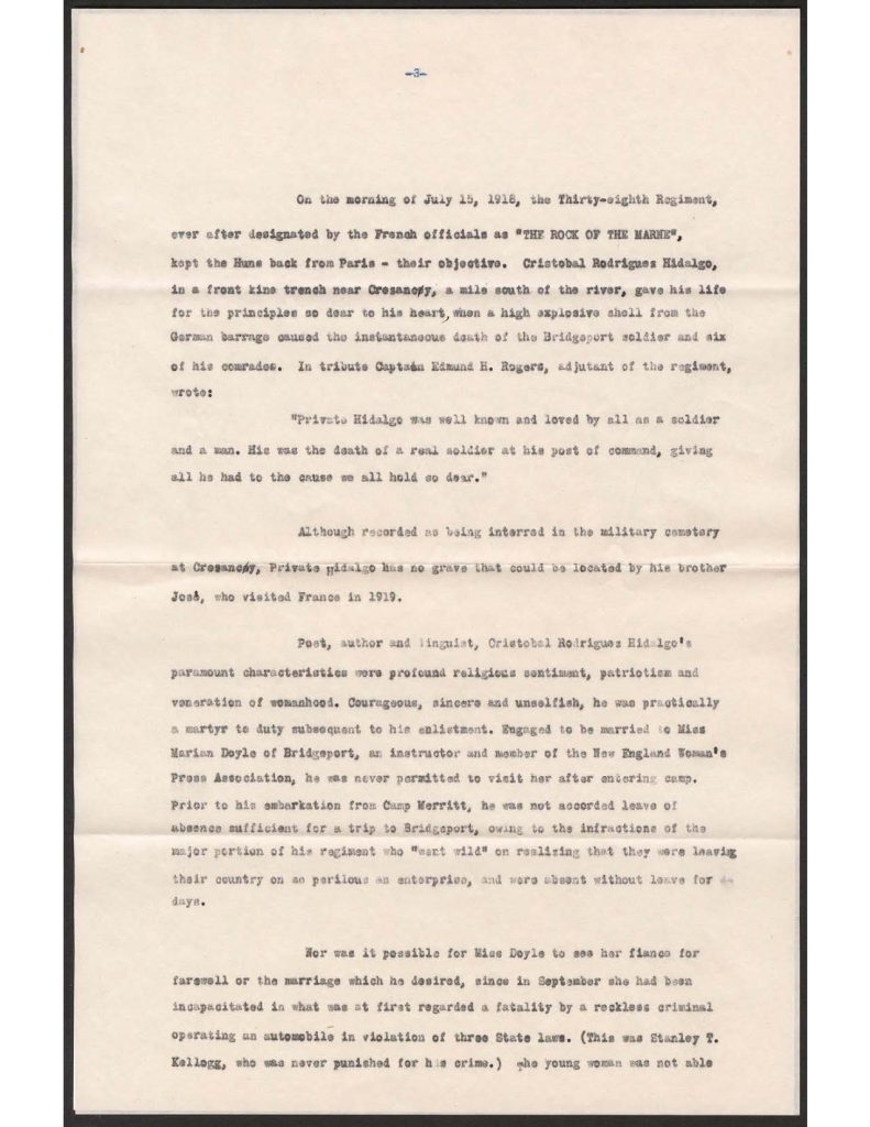 a tyepwritten document of cristobal rodriques hidalgo's biography