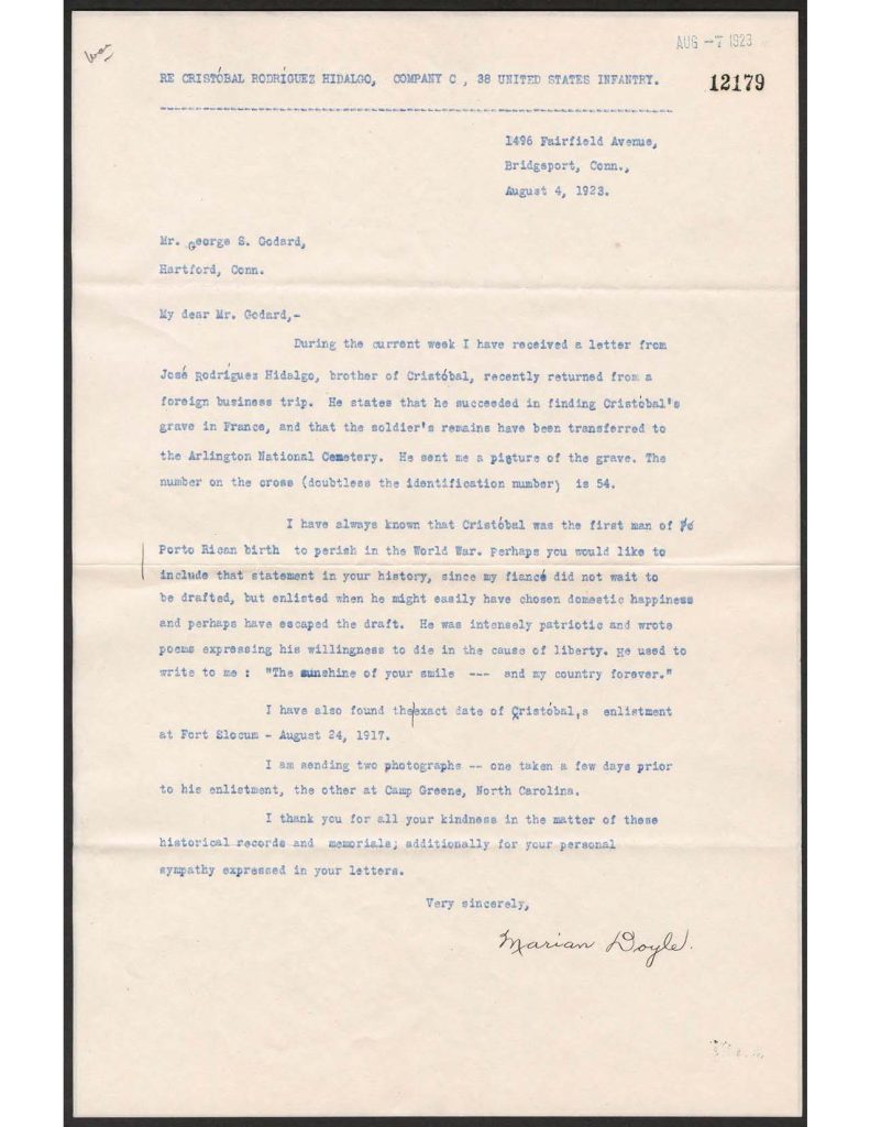 a tyepwritten letter dated august 3, 2023 from marion doyle stating she had been in touch wiht cristobal rodriques hidalgo's brother who located hidalgo's grave in france