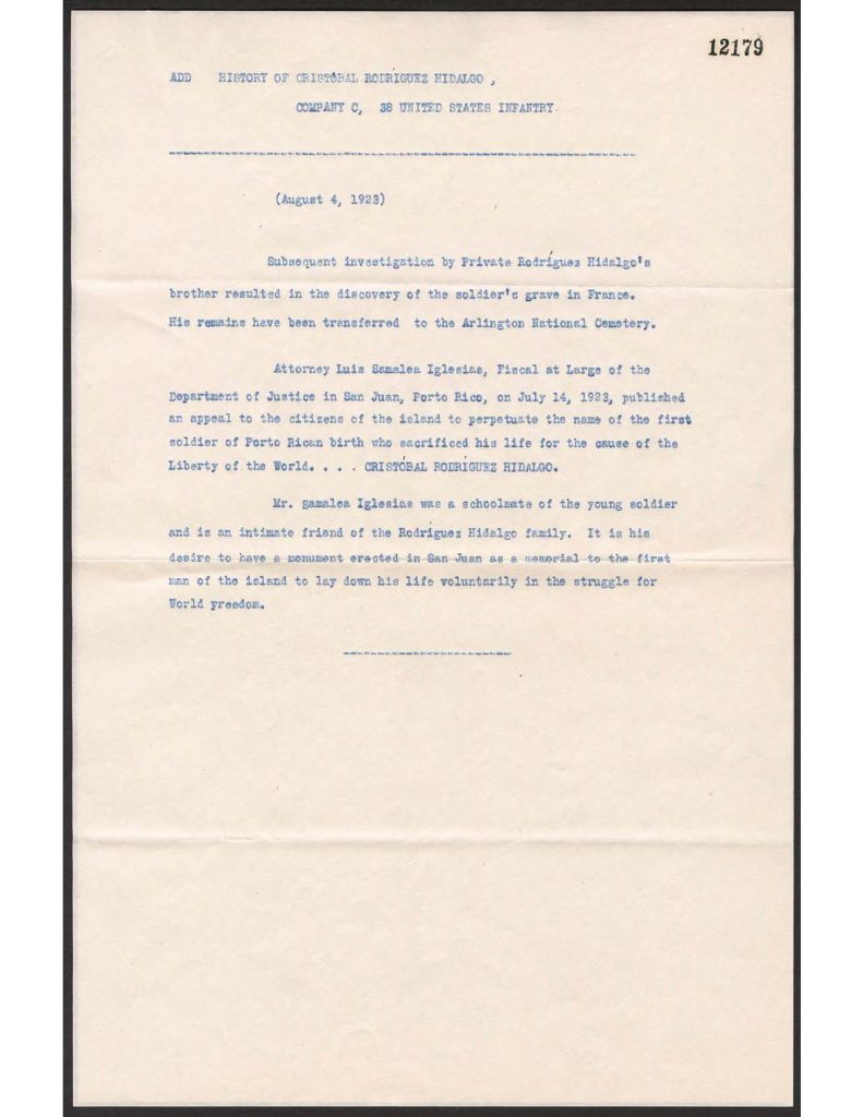 a tyepwritten letter dated august 3, 2023 from marion doyle stating she had been in touch wiht cristobal rodriques hidalgo's brother who located hidalgo's grave in france