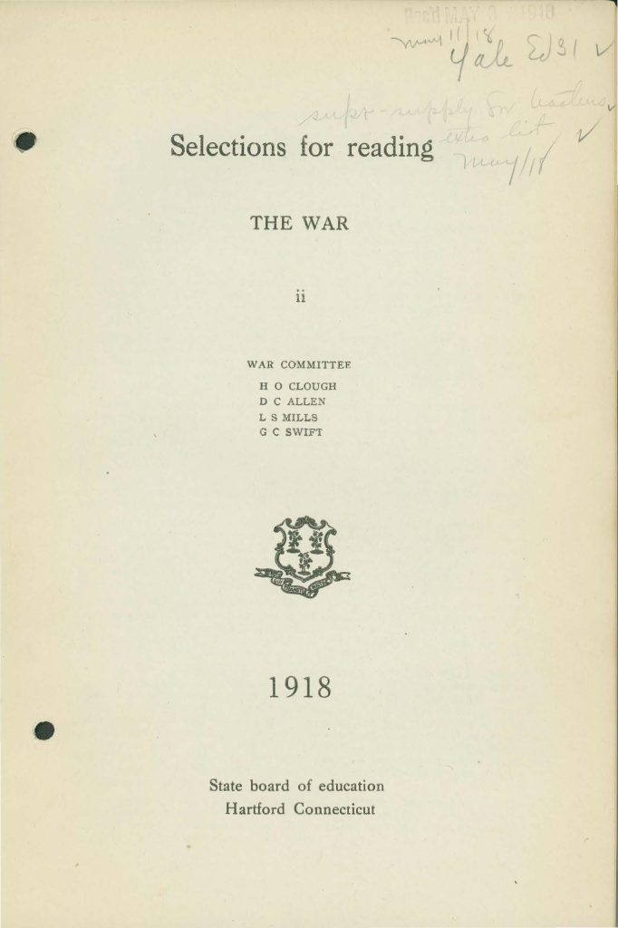 a booklet with selections for readin about the war issued in 1918 by the state board of education