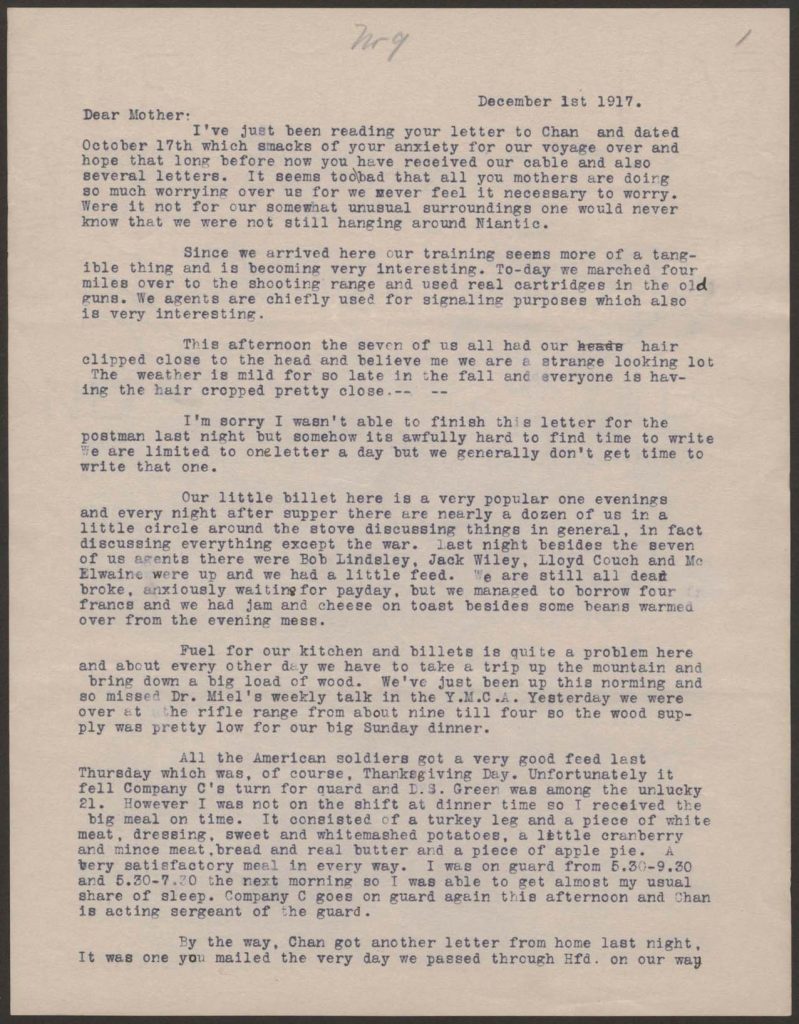 a typewritten letter from alfred green to his mother dated december 1st 1917