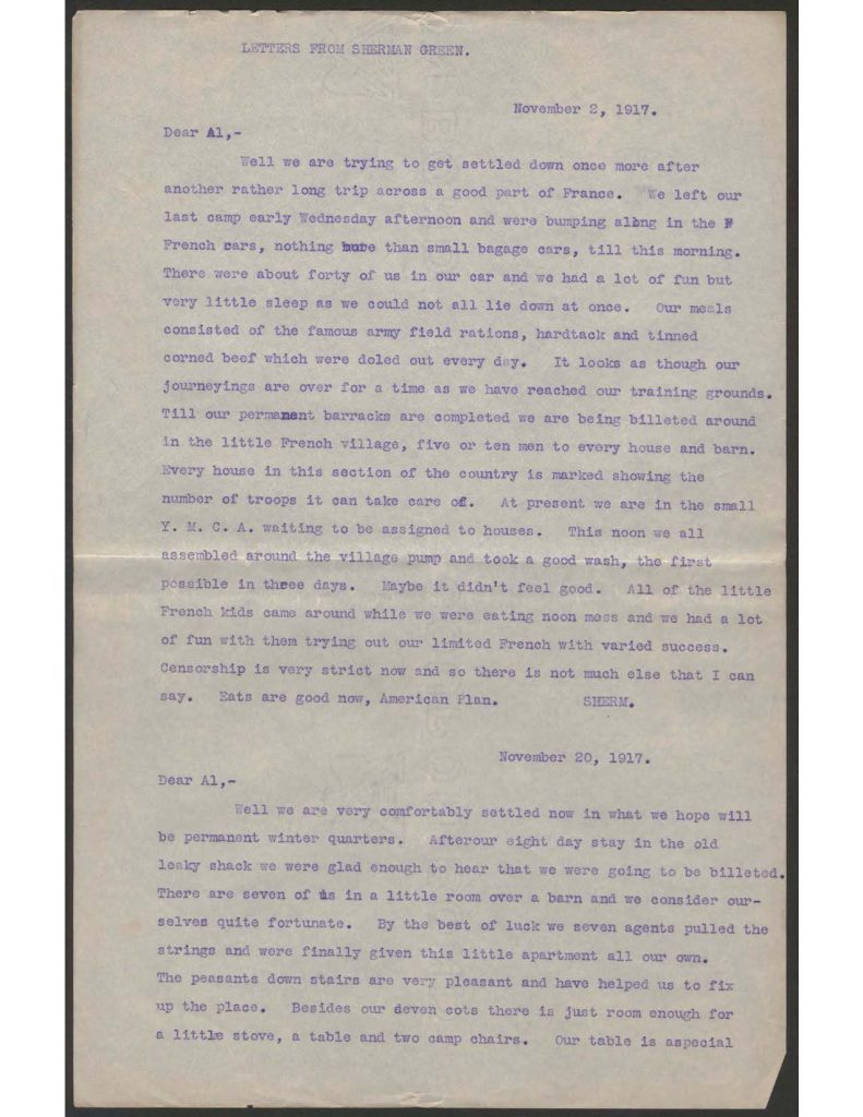 a typewritten letter from sherman green to hi mother dated December 1st 1917