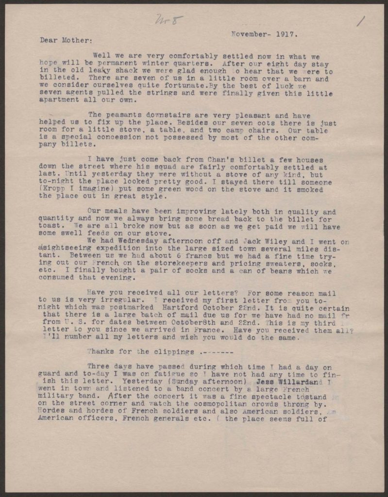 a typewritten letter from sherman green to hi mother dated November 1917