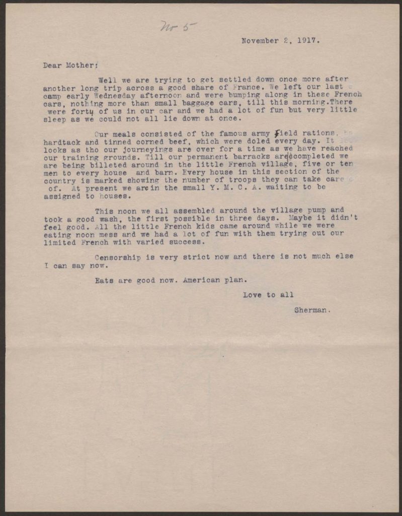 a typewritten letter from sherman green to hi mother dated November 2th 1917