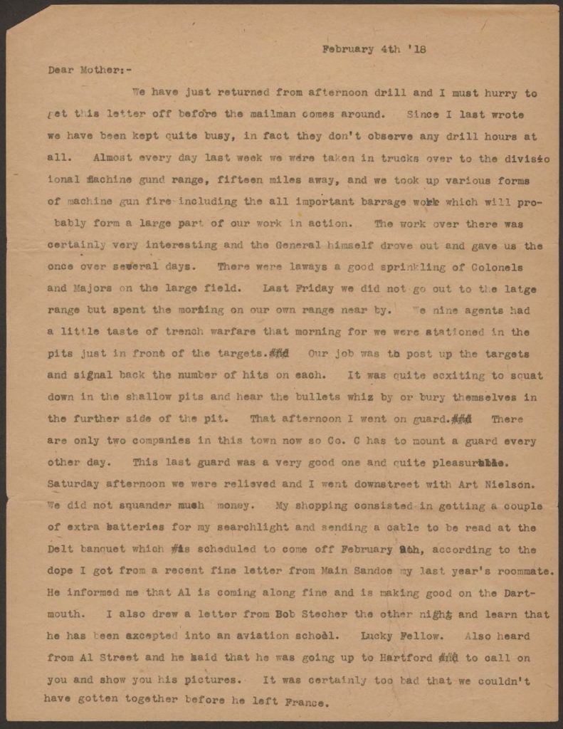 a typewritten letter from sherman green to his mother dated february 4th 1918