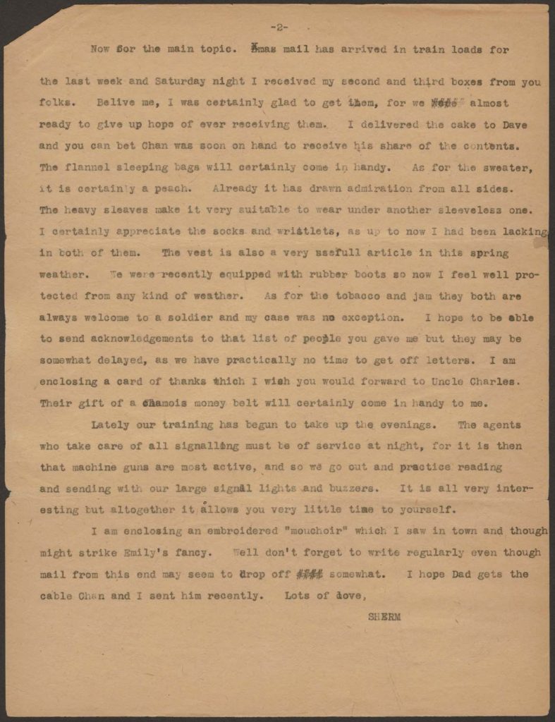 a typewritten letter from sherman green to his mother dated february 4th 1918