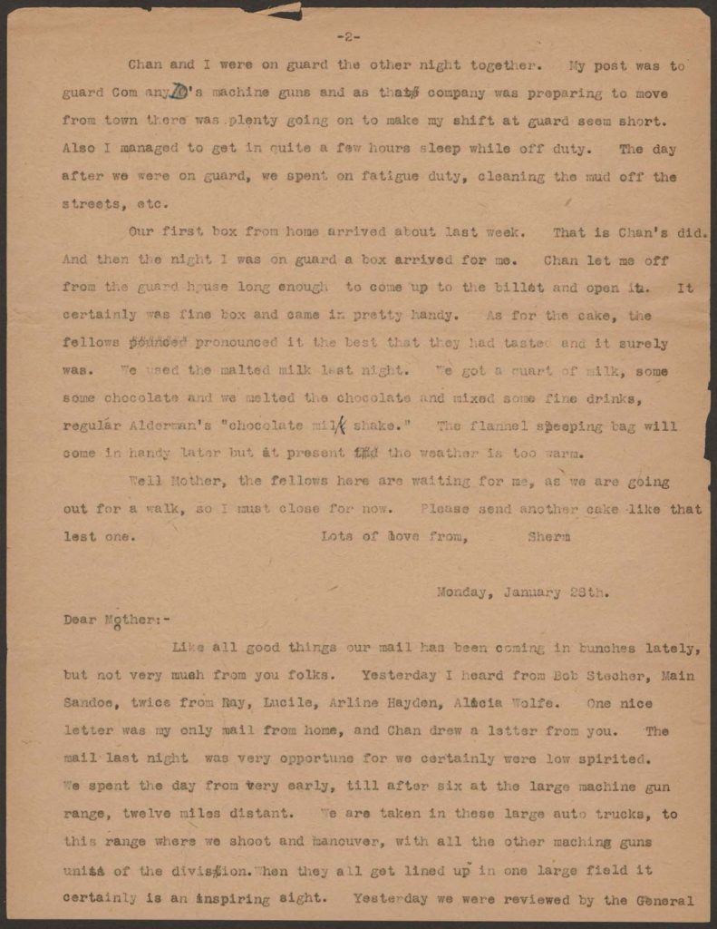 a typewritten letter from sherman green to his mother dated January 28th 1918