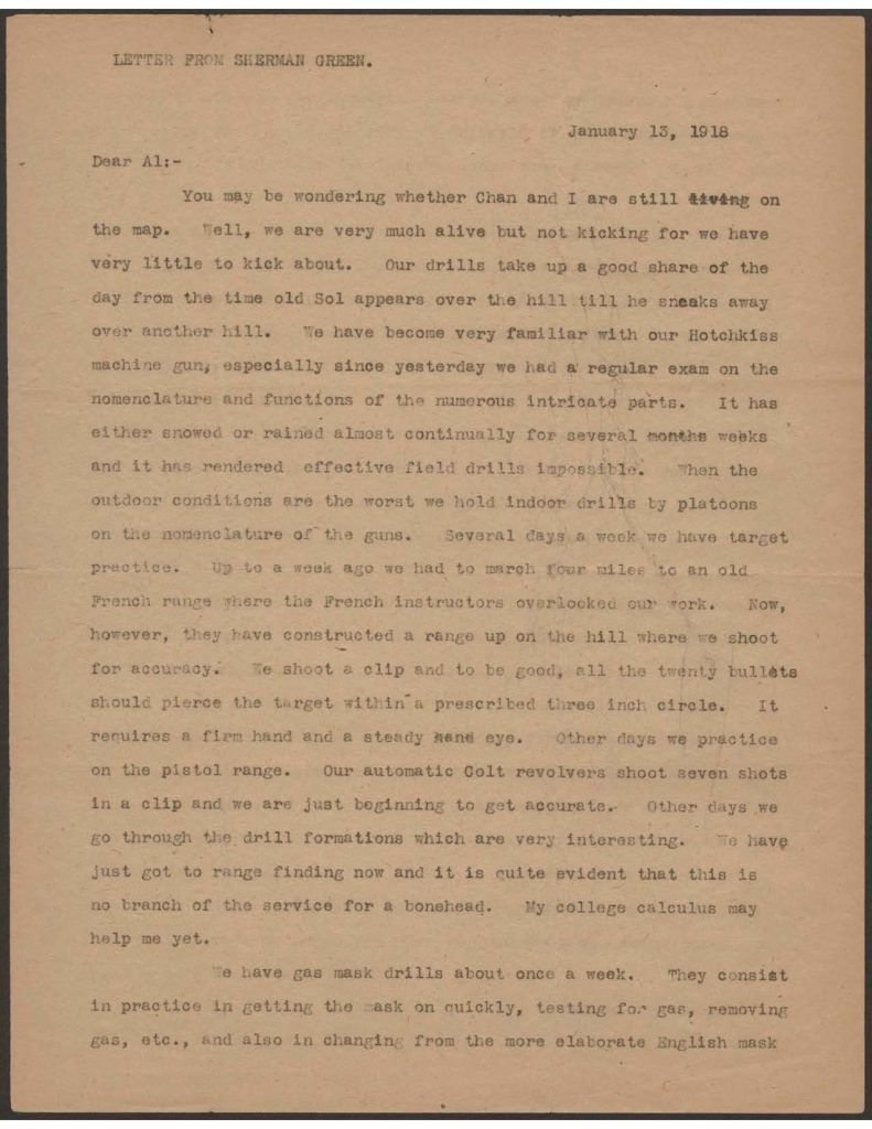a typewritten letter from sherman green to his mother dated January 13th 1918