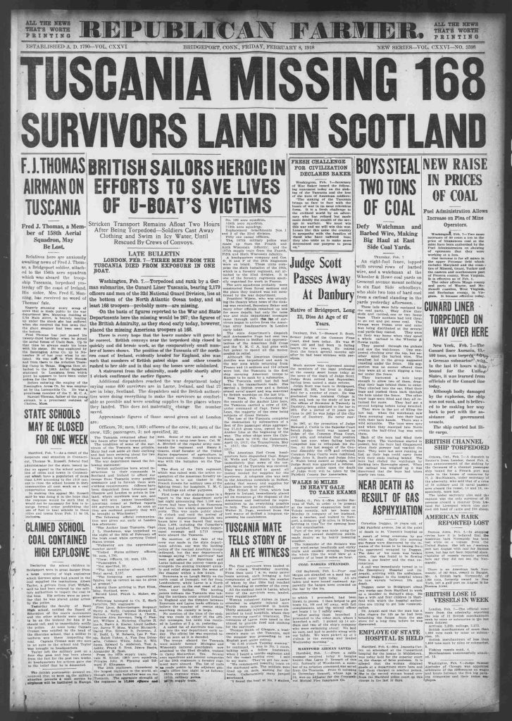 A newspaper clipping of the fron page of the republican farmer with a healding readins tuscanis missing 168