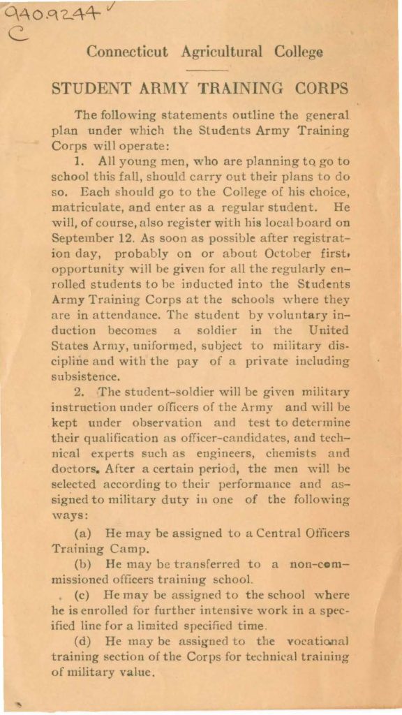 informmation from the connecticut agricultural college about the student army trainin corps