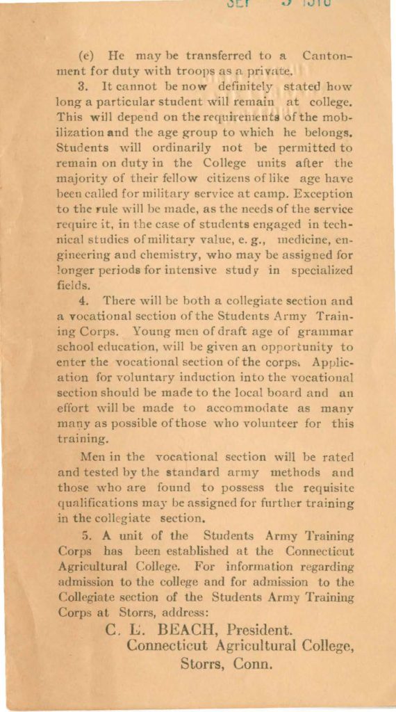 informmation from the connecticut agricultural college about the student army trainin corps