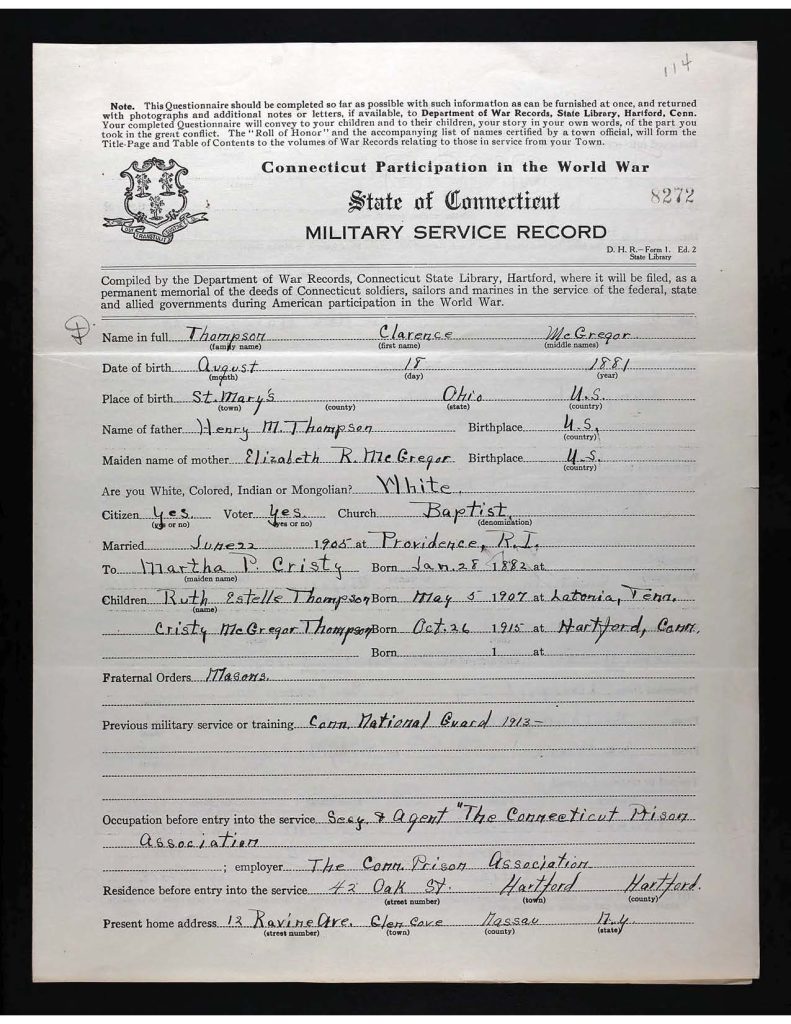 official state of connecticut military service record for clarence mcgregor thompson